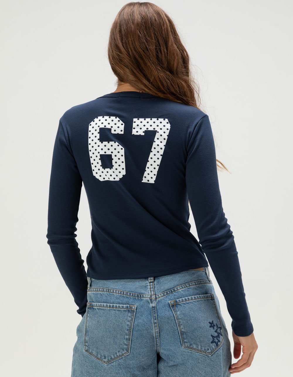 RSQ Womens 67 Dot Long Sleeve Baby Tee - NAVY