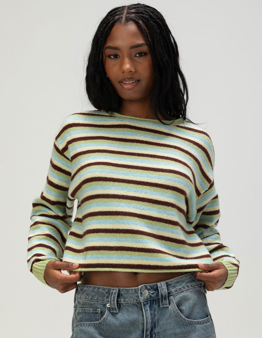 JUST POLLY Womens Stripe Sweater - GREEN COMBO