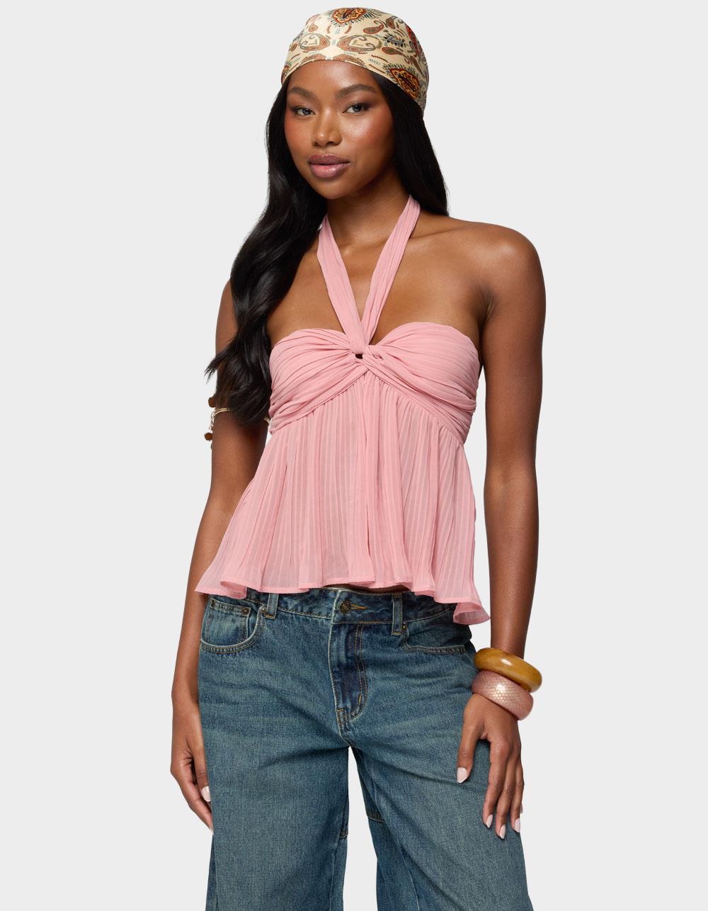 EDIKTED Pleated Chiffon Babydoll Halter Top - PINK