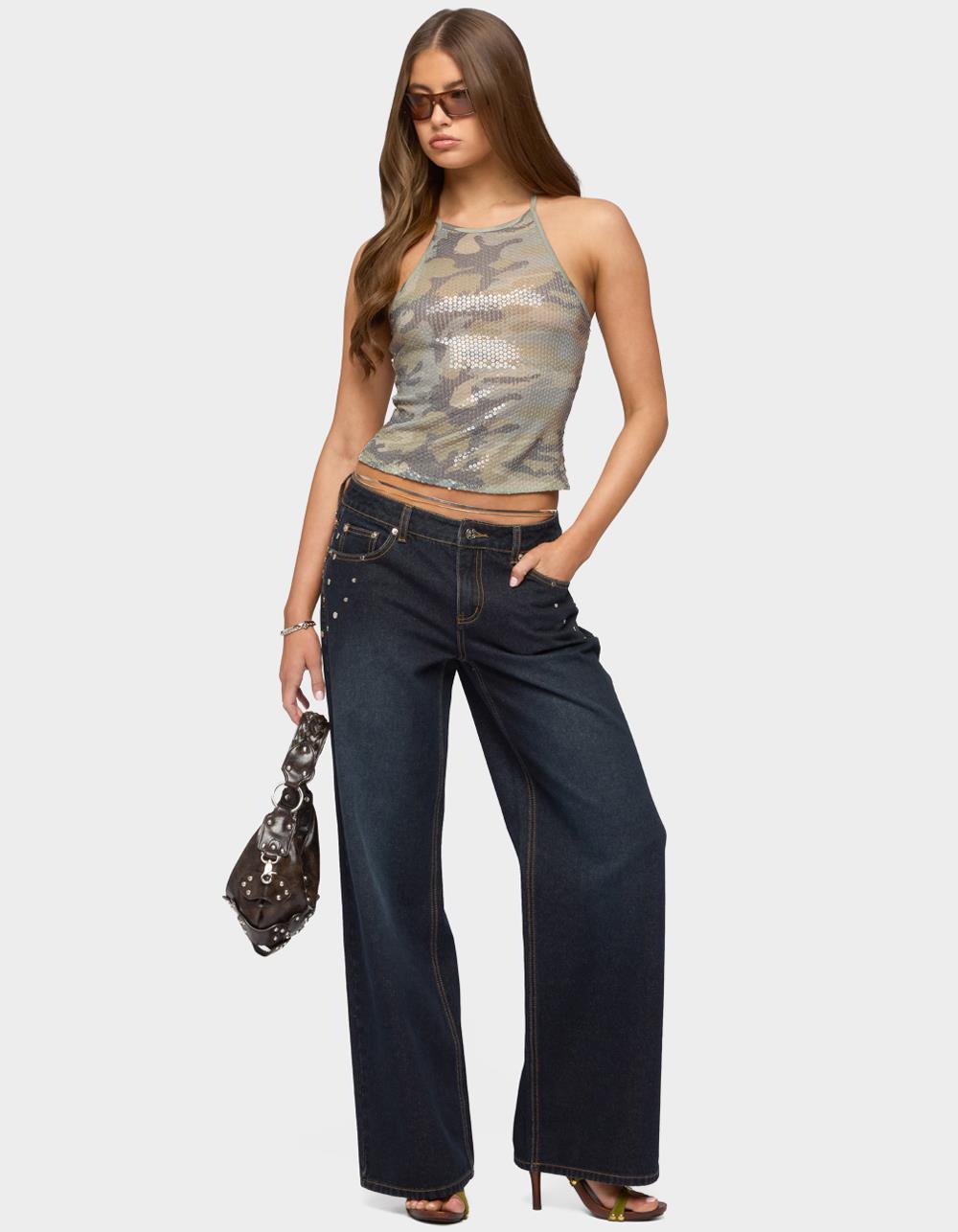 EDIKTED Spiral Studded Low Rise Baggy Jeans - DARK BLUE