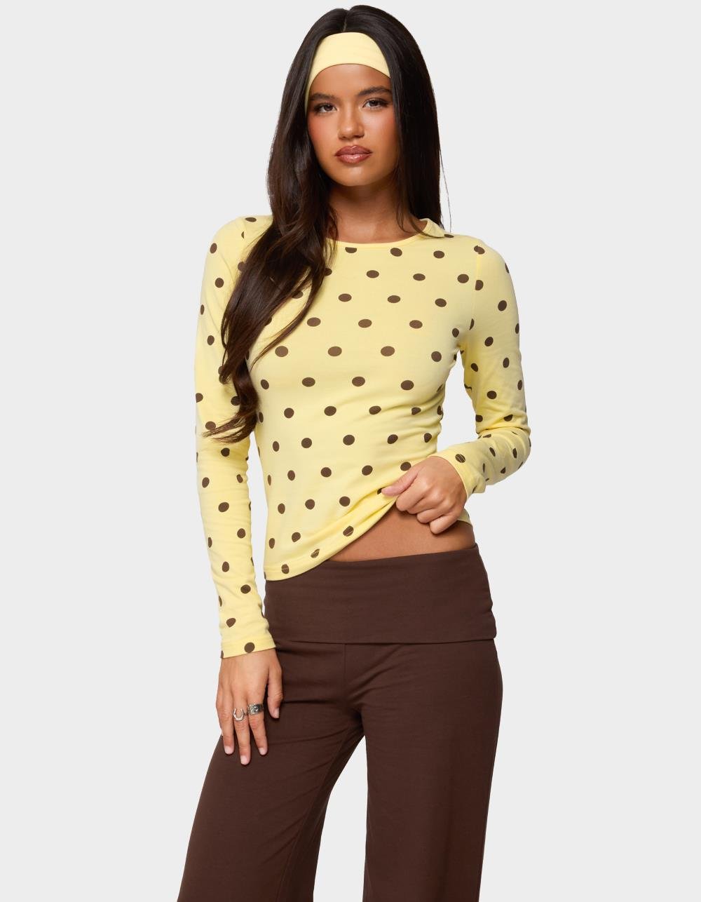 EDIKTED Maricelle Polka Dot Long Sleeve Tee - YELLOW