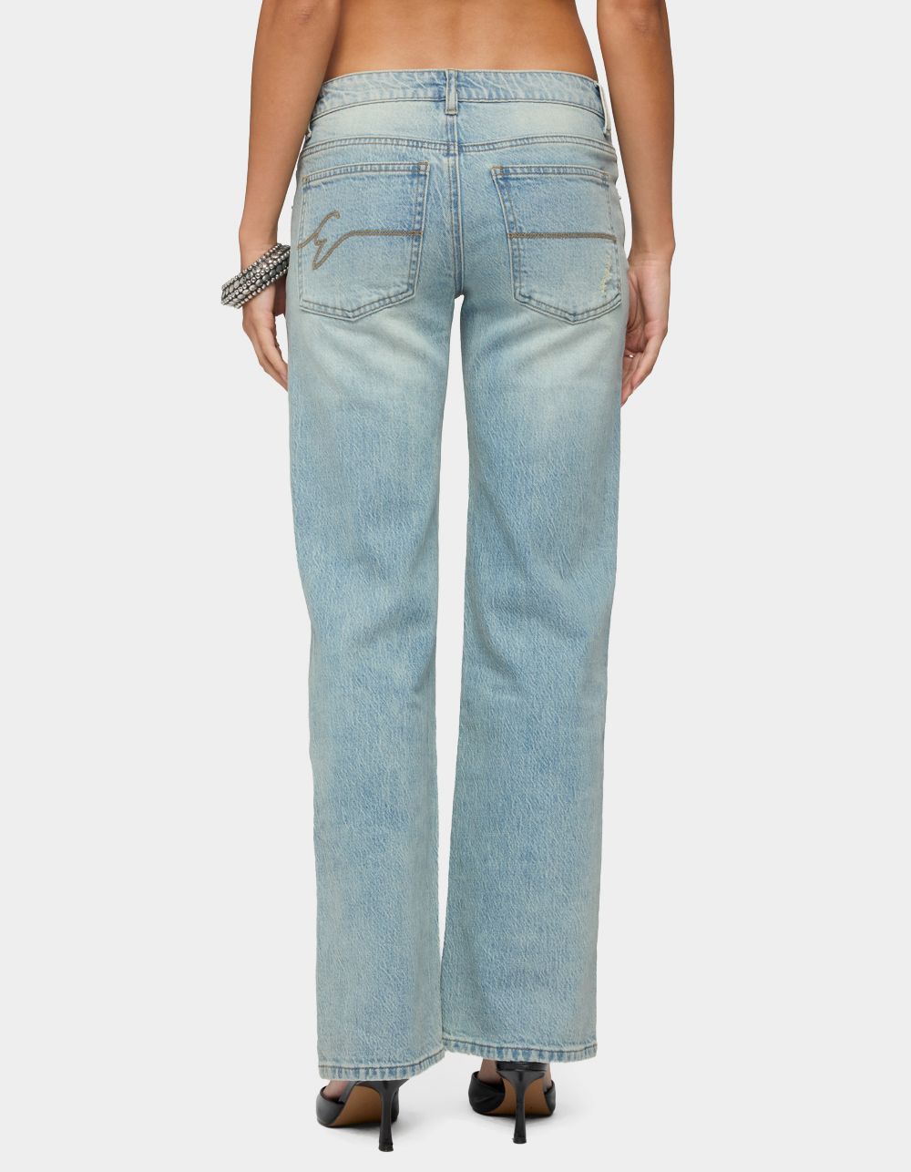 EDIKTED Lainie Distressed Low Rise Bootcut Jeans - BLUE