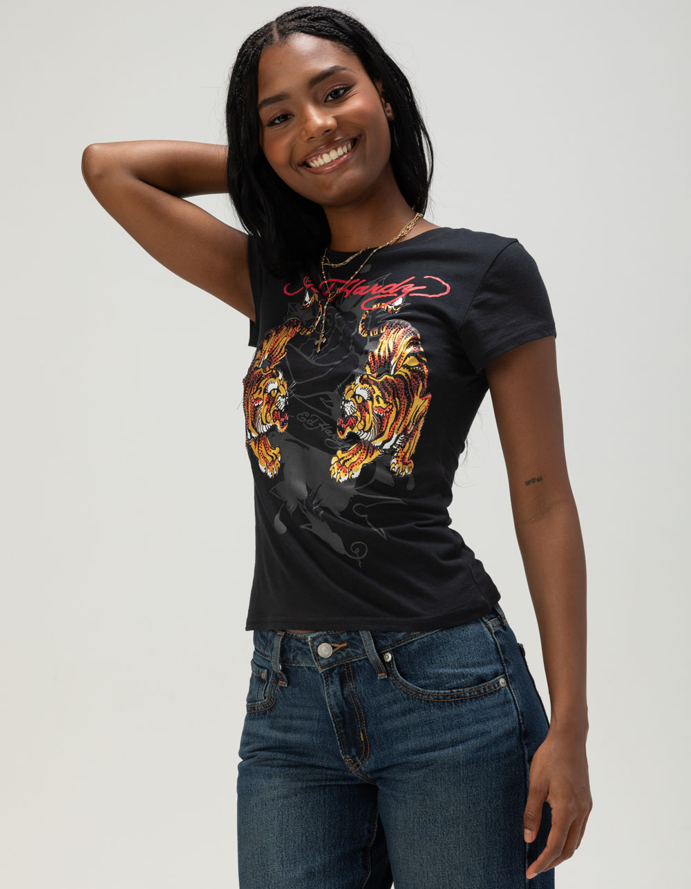ED HARDY Tiger Womens Fitted Rhinestone Tee - BLACK