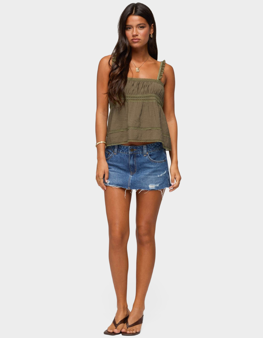 EDIKTED Mable Lacey Straight Neck Tank Top - DK GREEN