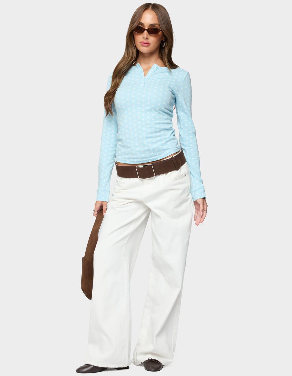 EDIKTED Keana Polka Dot Henley Top - LIGHT BLUE