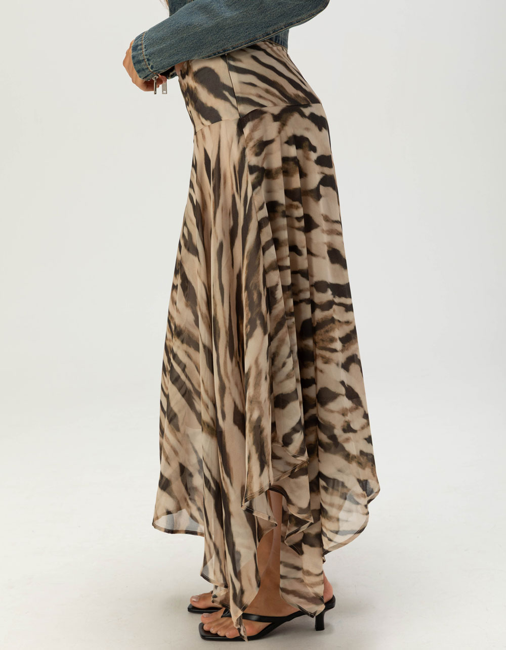 WEST OF MELROSE Asymmetric Animal Print Womens Midi Skirt - BROWN COMBO