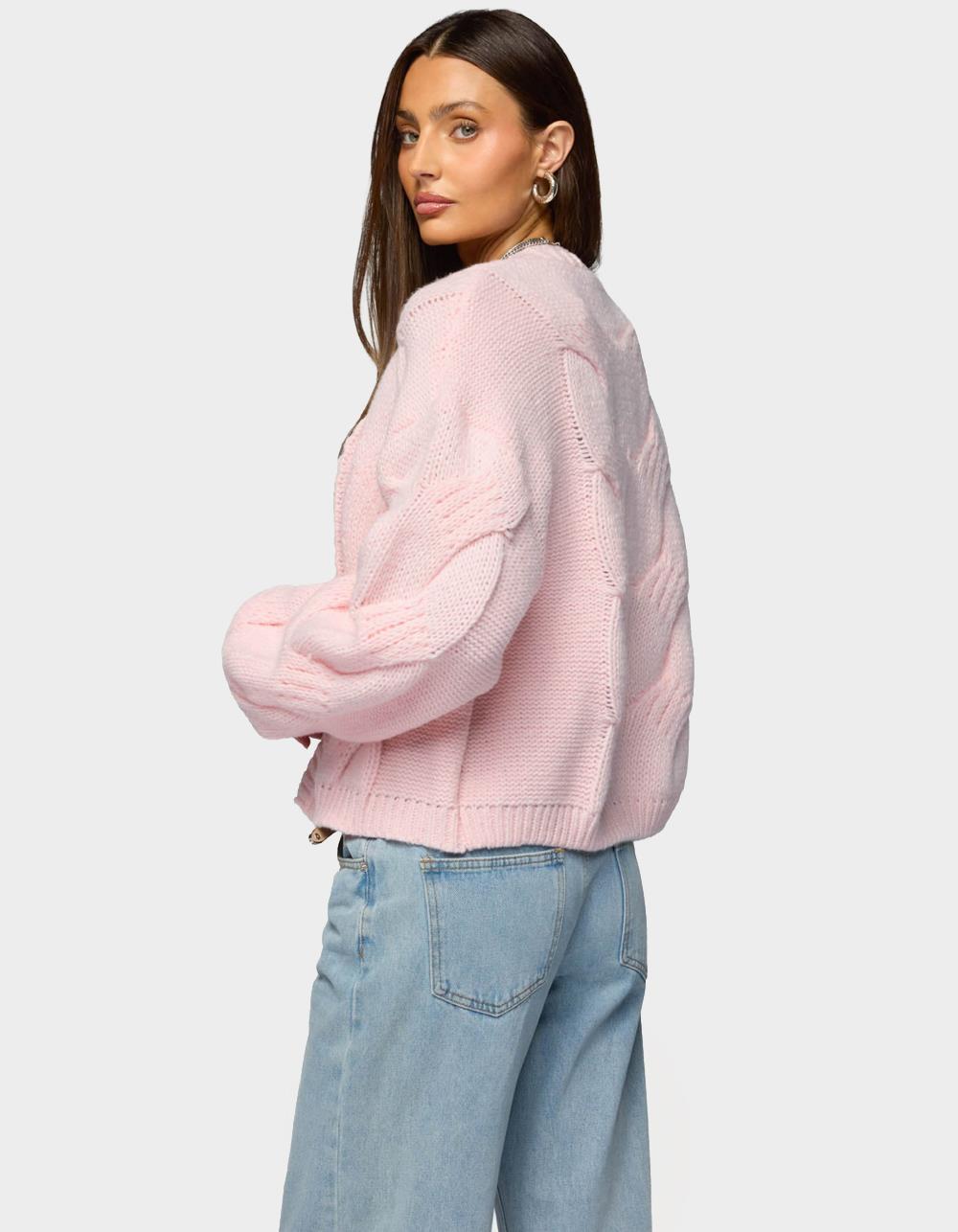 EDIKTED Braiden Chunky Cable Knit Cardigan - PINK