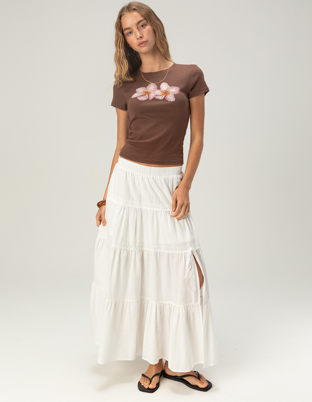 FULL TILT Rhinestone Flower Womens Baby Tee - BROWN