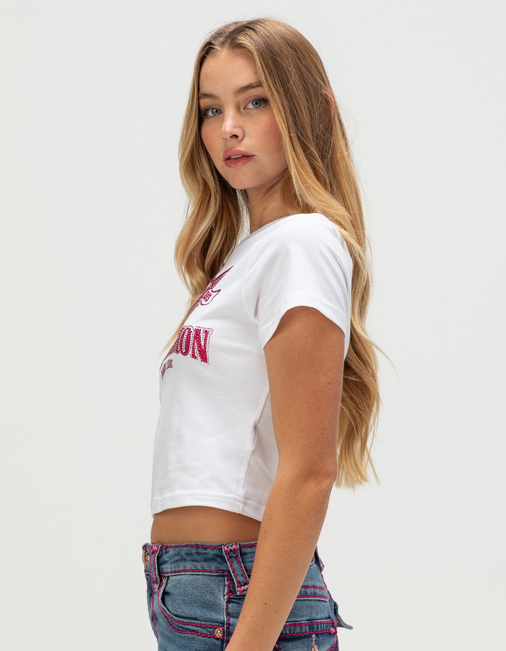 TRUE RELIGION Crystal Winged Logo Womens Baby Tee - WHITE