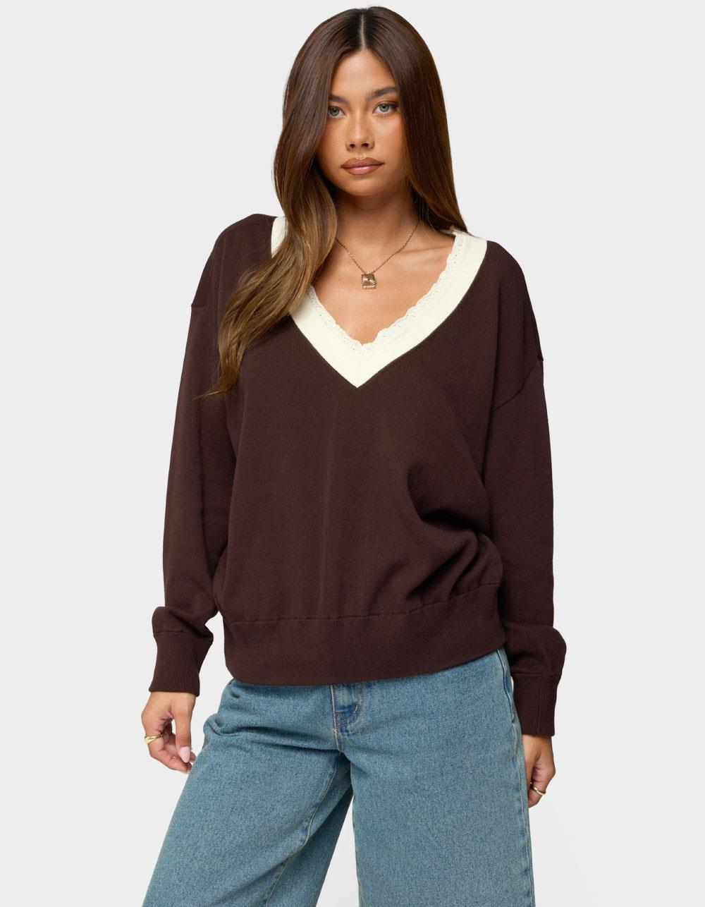 EDIKTED Marie Contrast Lacey V-Neck Sweater - BROWN