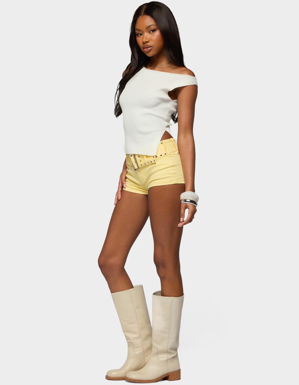 EDIKTED Studded Belt Denim Micro Shorts - YELLOW