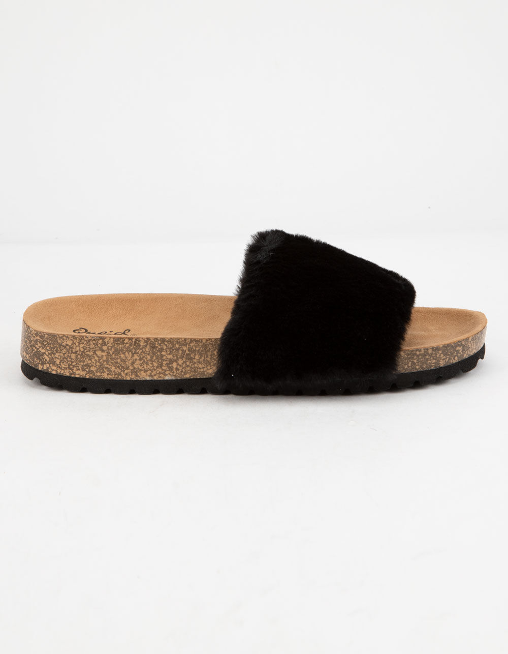QUPID Faux Fur Cork Black Womens Slide Sandals image number 2