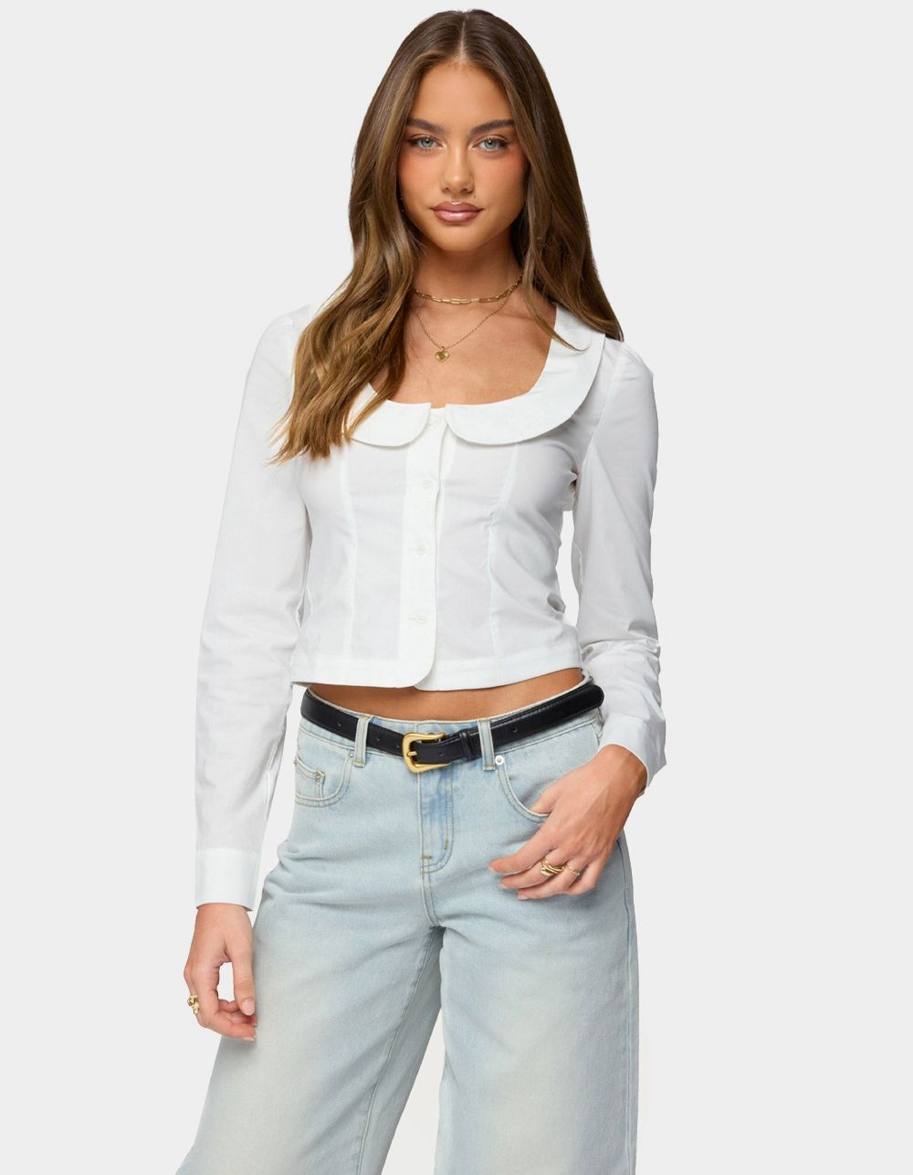 EDIKTED Scoop Neck Tailored Button Up Shirt - WHITE