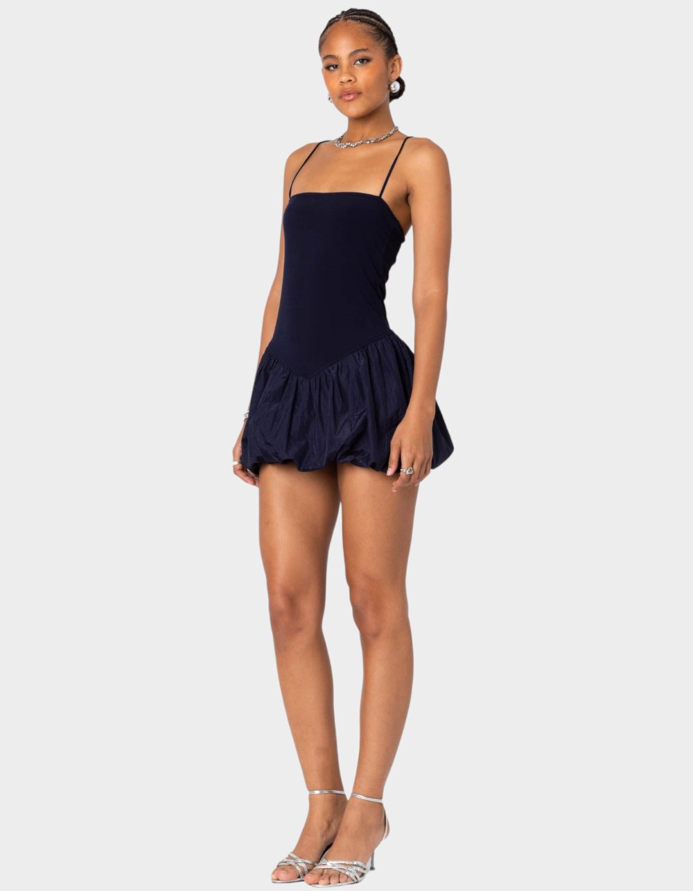 EDIKTED Ribbed Bubble Skirt Mini Dress - NAVY