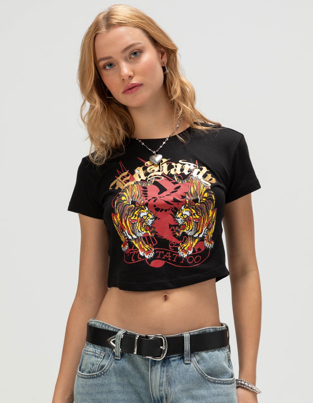 ED HARDY Tigers Womens Baby Tee - BLACK