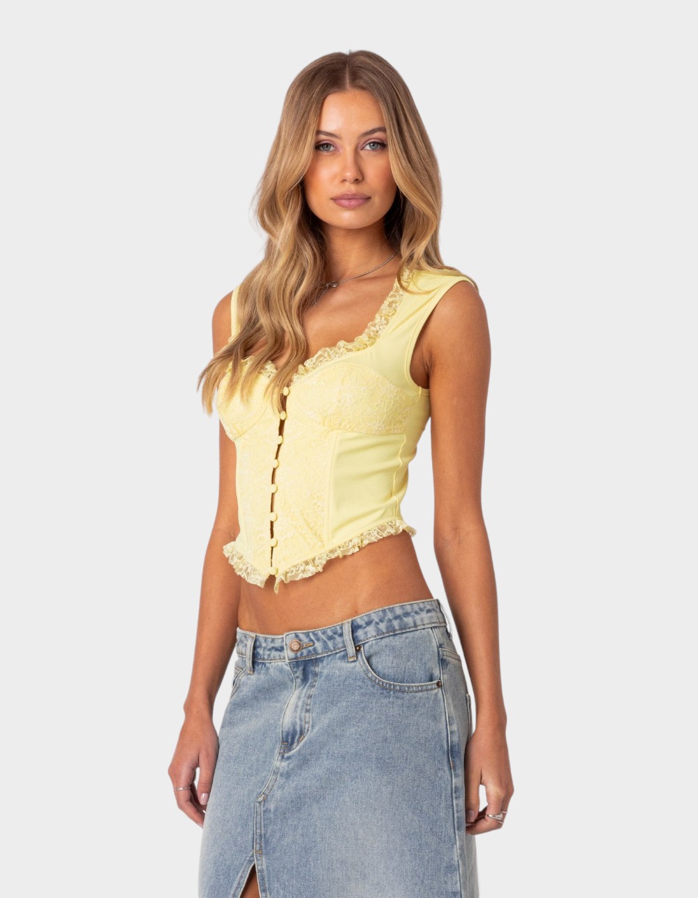 EDIKTED Button Front Lacey Corset - YELLOW