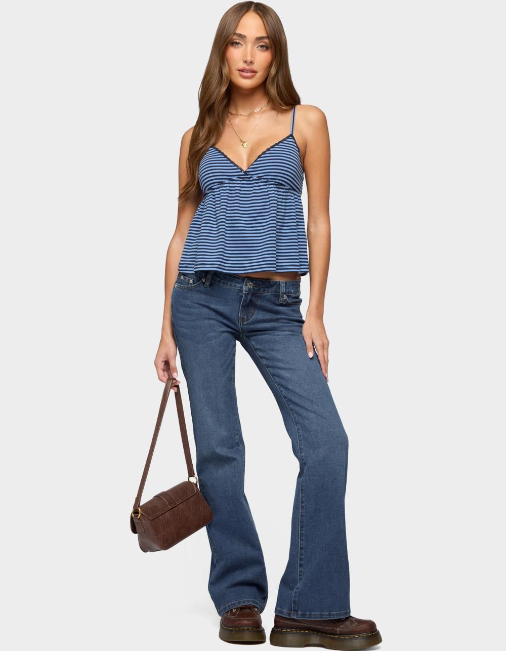 EDIKTED Orietta Striped Babydoll Top - NAVY