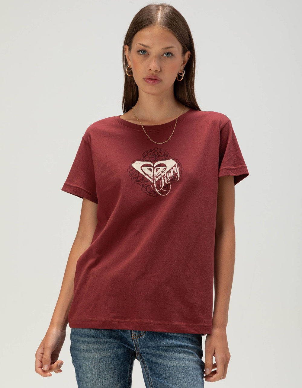 ROXY Rhinestone Womens Boyfriend Tee - BURGUNDY