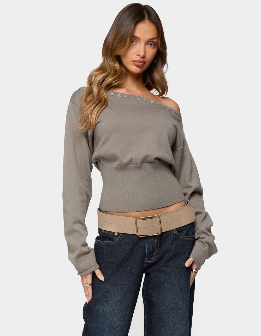 EDIKTED Carmela Iridescent Button Off Shoulder Sweater - DK GREEN