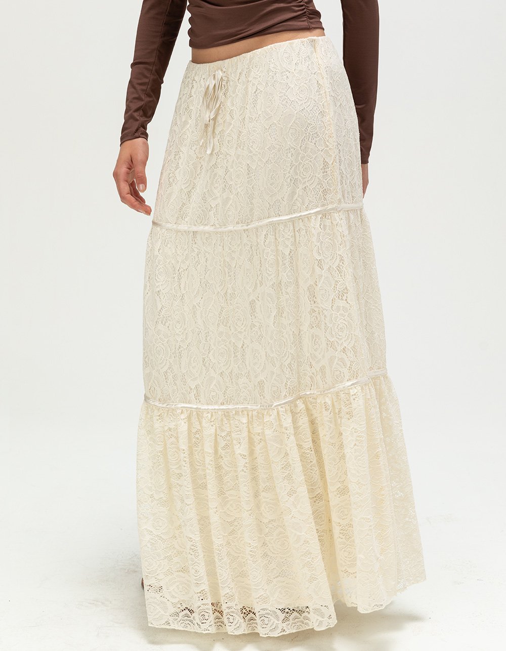 WEST OF MELROSE Lace Womens Tiered Maxi Skirt - CREAM