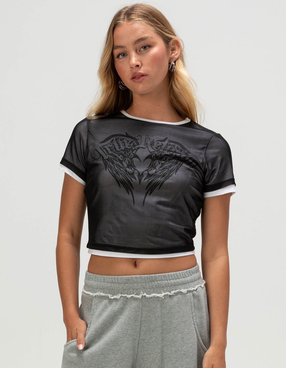 TRUE RELIGION Layered Mesh Wing Womens Tee - BLK/WHT