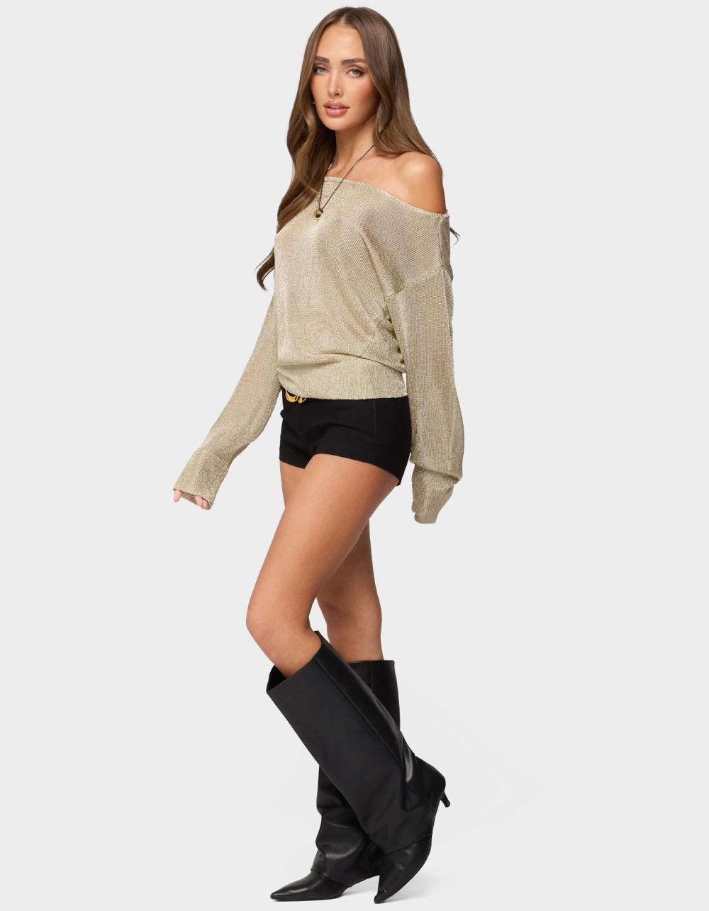 EDIKTED Charlo Off Shoulder Shiny Knit Top - GOLD