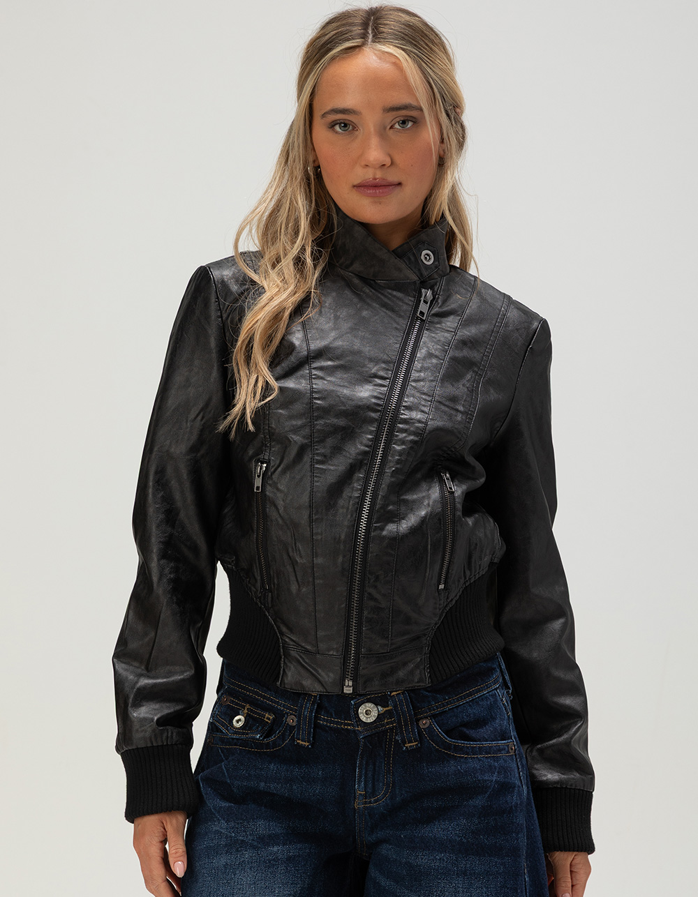 BDG Urban Outfitters Murphy Womens Asymmetric Faux Leather Jacket - BLACK