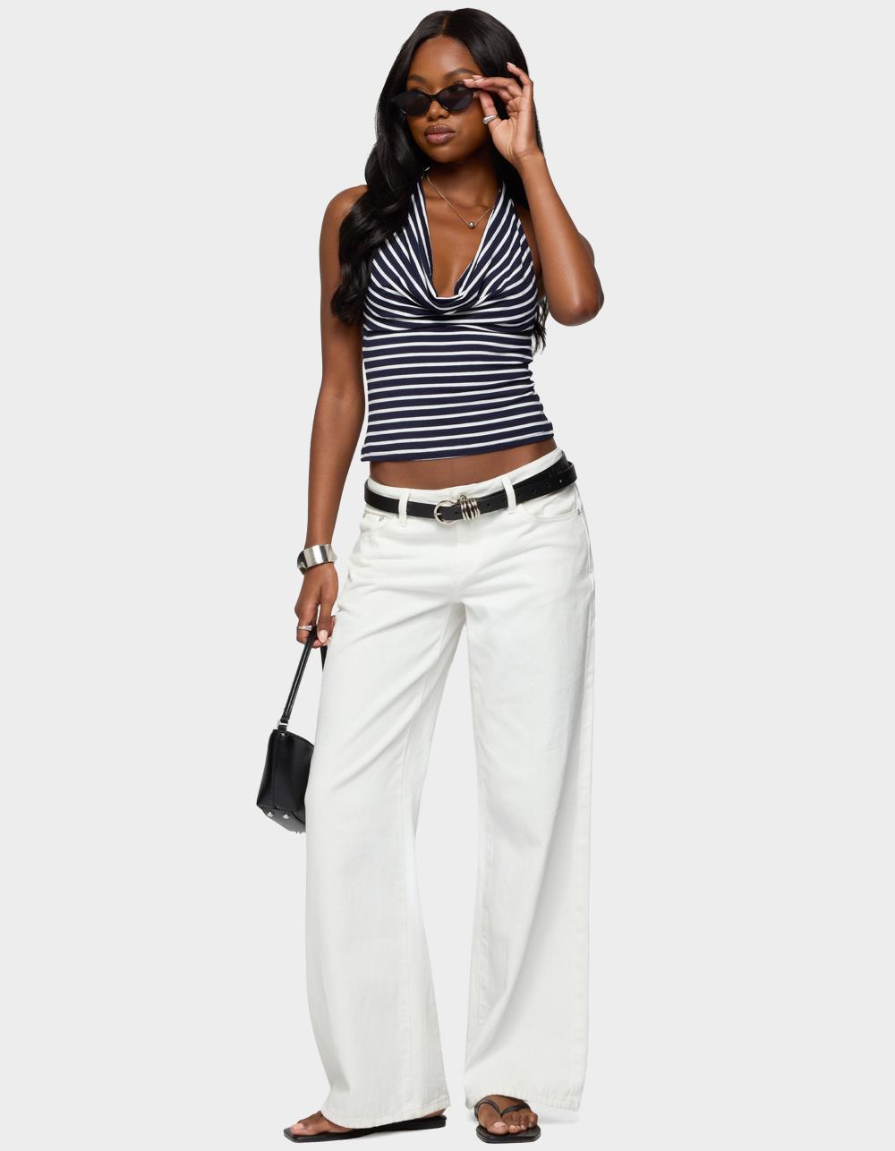 EDIKTED Striped Cowl Neck Halter Top - NAVY