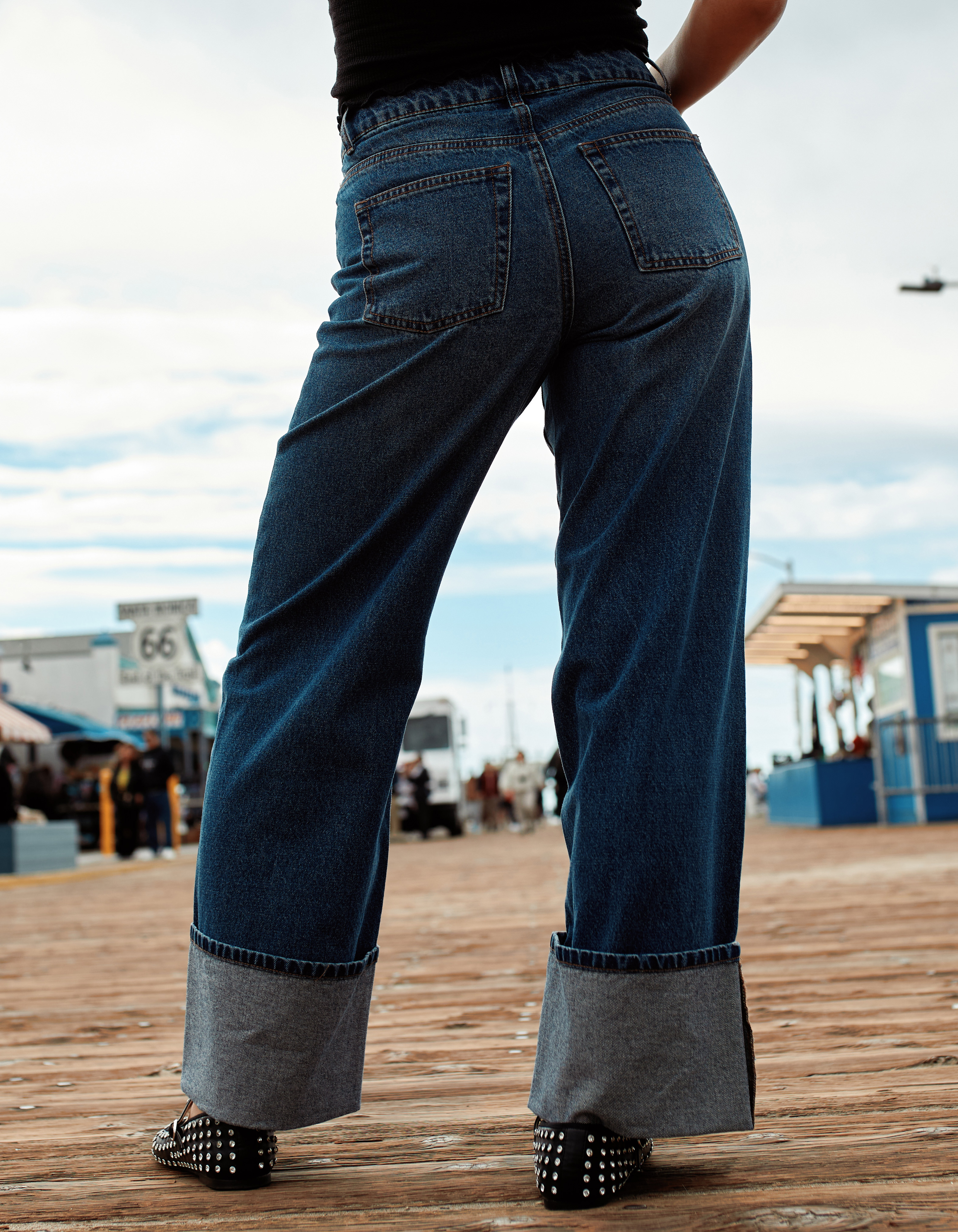 RSQ Womens Mid Rise Wide Leg Cuffed Jeans - Dark Wash