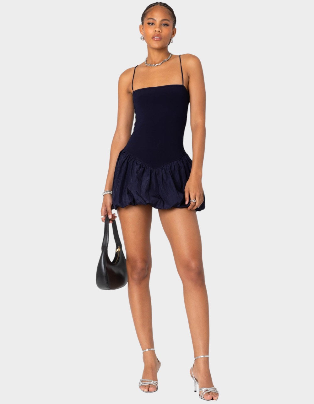 EDIKTED Ribbed Bubble Skirt Mini Dress - NAVY