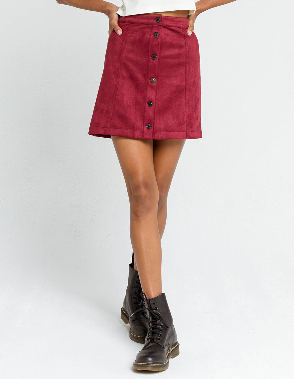 SKY AND SPARROW Button Front Faux Suede Wine Mini Skirt - WINE | Tillys