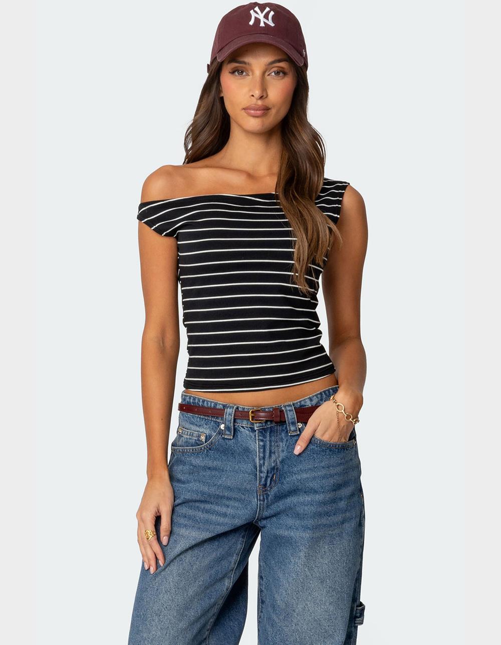 EDIKTED Keryn Striped Asymmetric Top - BLACK