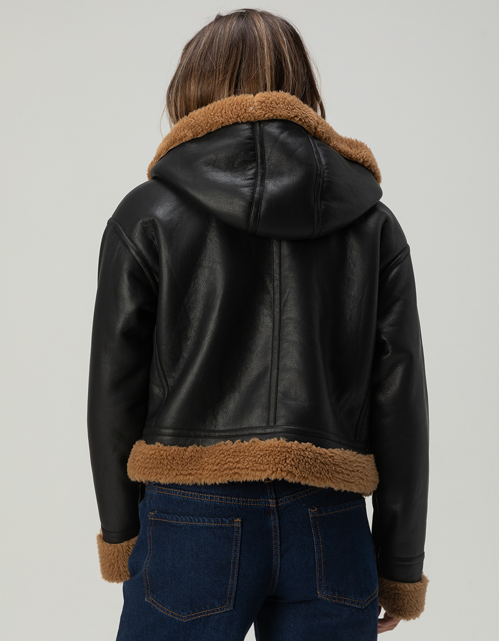 RSQ Womens Bonded Faux Leather Hooded Jacket - BLACK