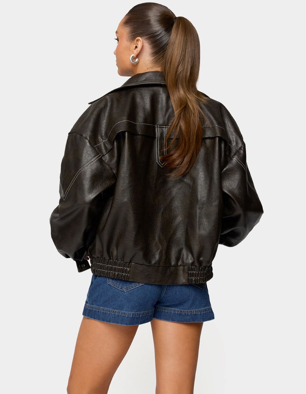 EDIKTED Jaxson Oversized Faux Leather Bomber Jacket - DARK BROWN