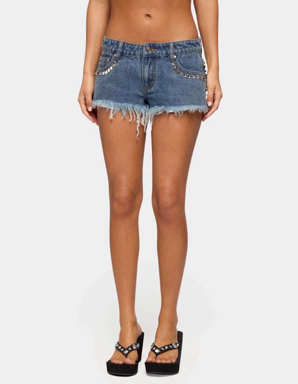 EDIKTED Studded Frayed Low Rise Denim Shorts - LIGHT BLUE