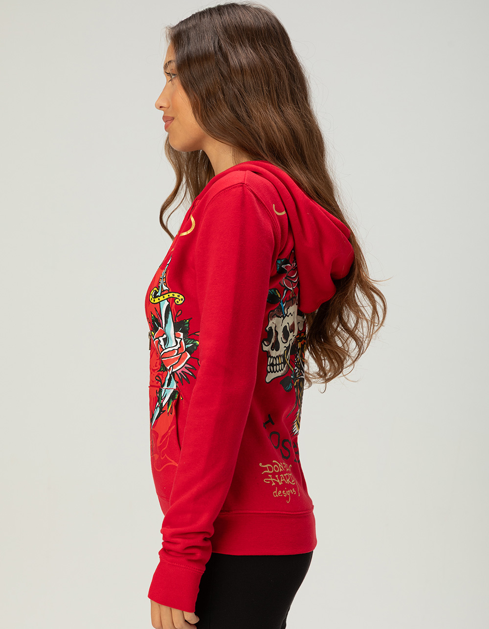 ED HARDY Dagger Roses Womens Long Zip-Up Hoodie - RED