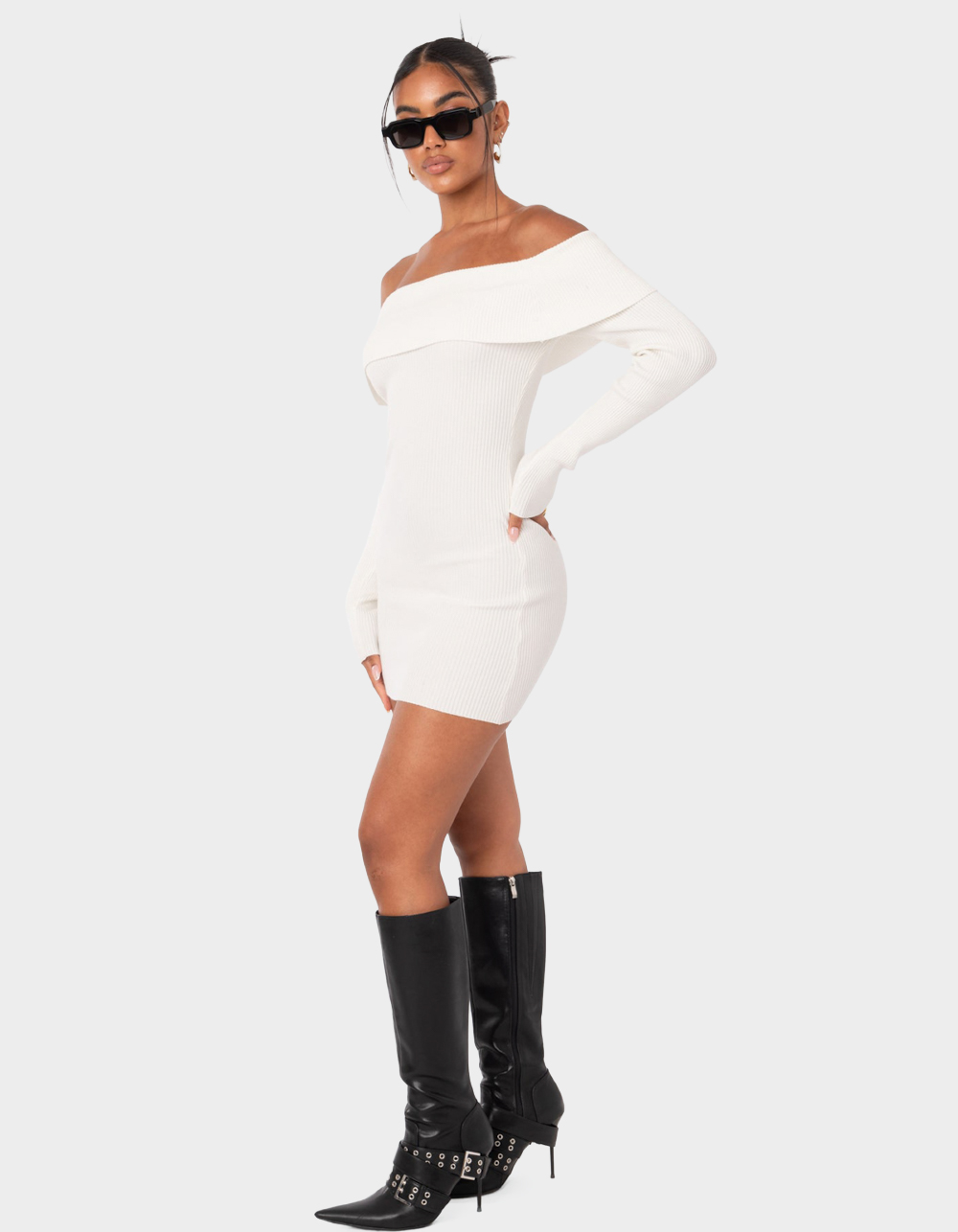 EDIKTED Emma Foldover Knitted Dress - WHITE