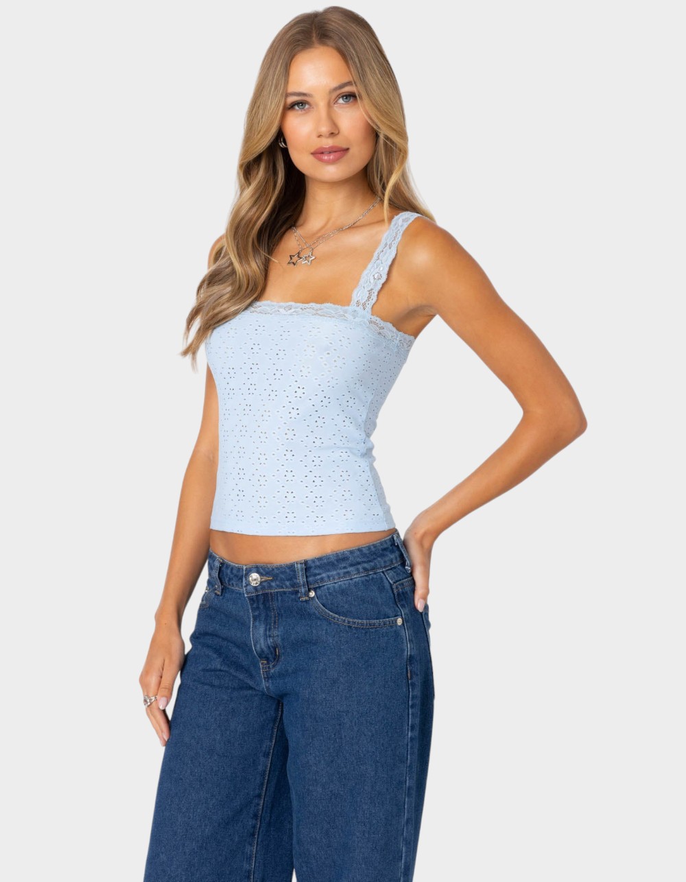 EDIKTED Virginia Lace Trim Eyelet Tank Top - LIGHT BLUE