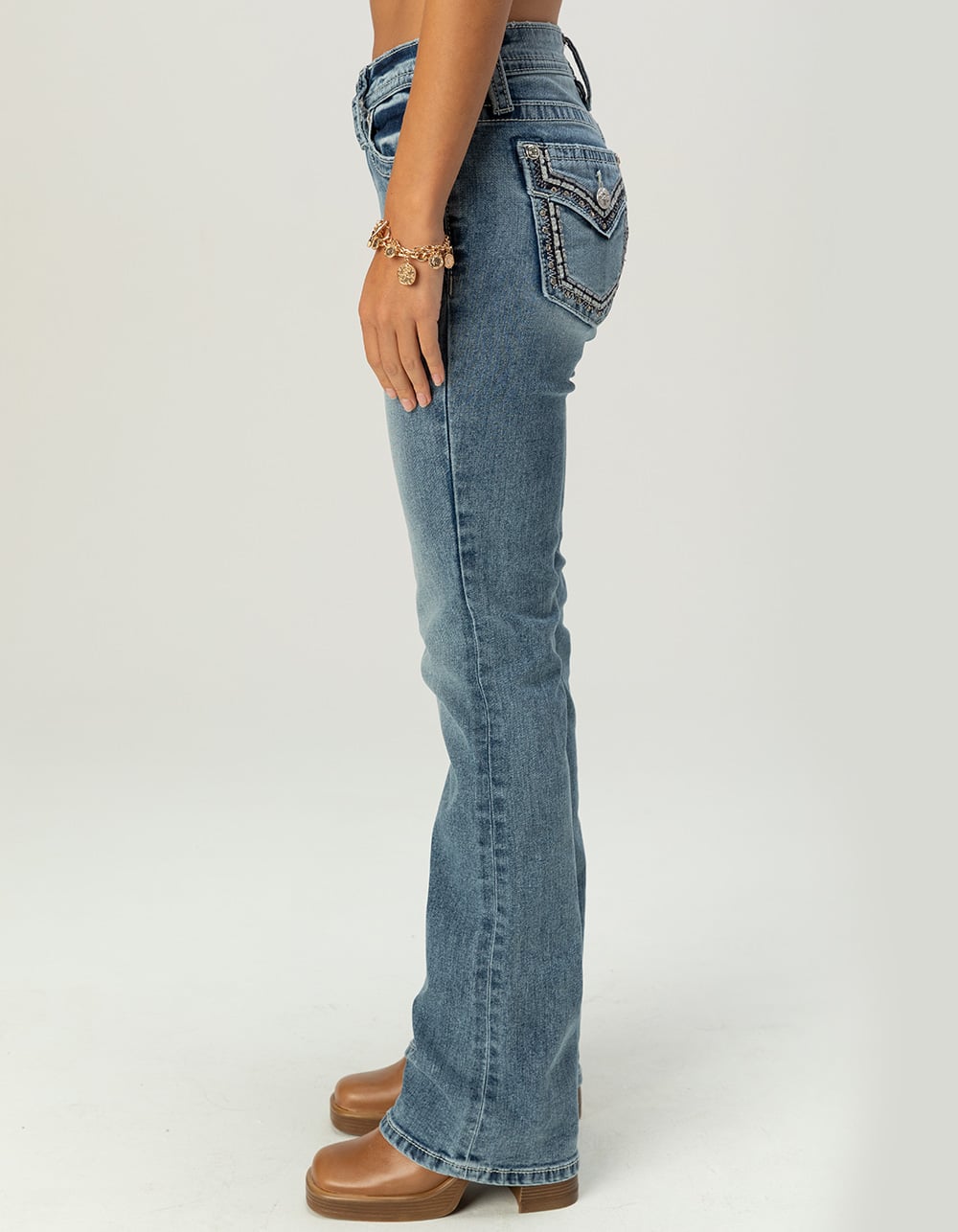 MISS ME Border Pocket Womens Mid Rise Bootcut Jeans - MEDIUM WASH