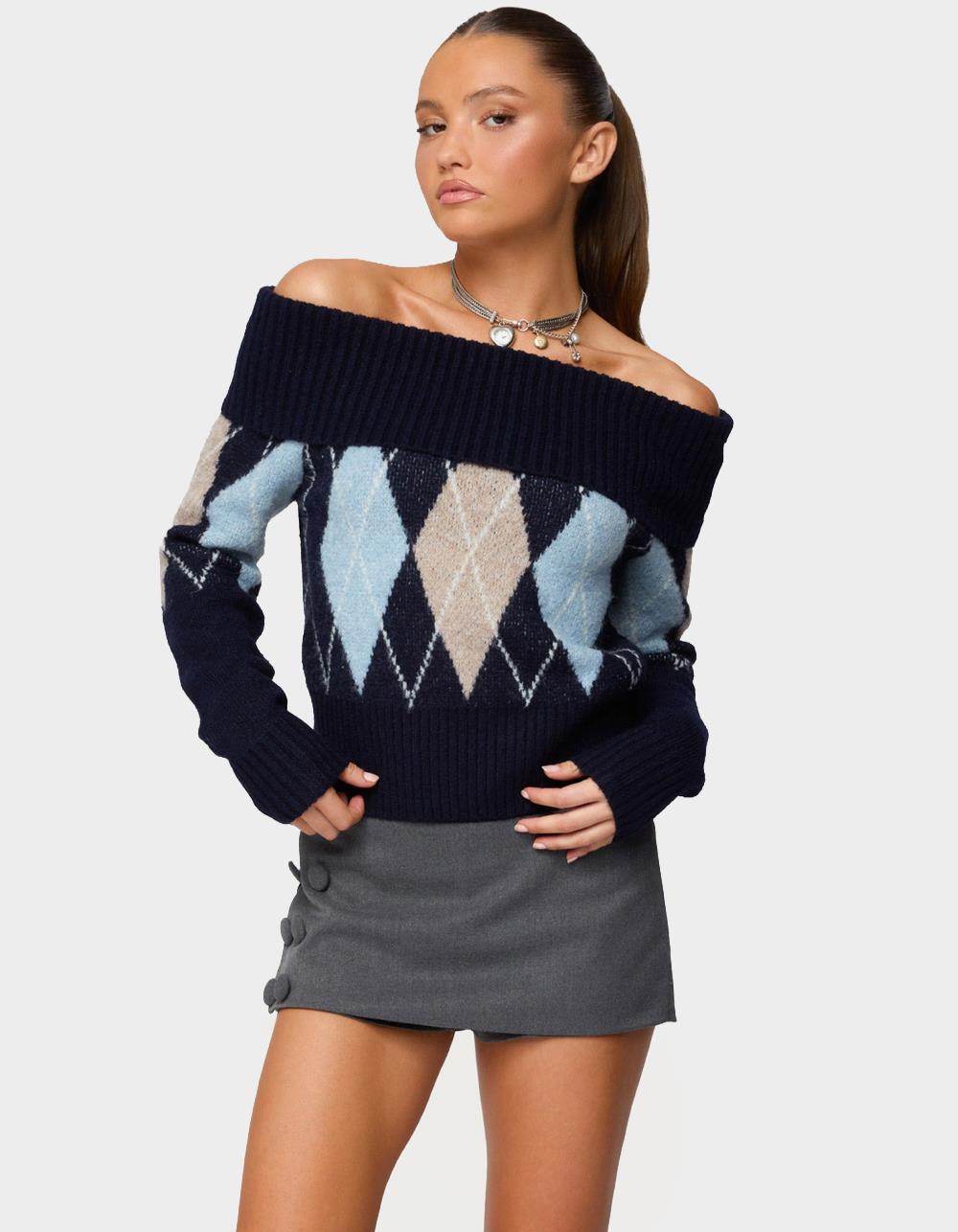 EDIKTED Jakarie Argyle Foldover Sweater - NAVY