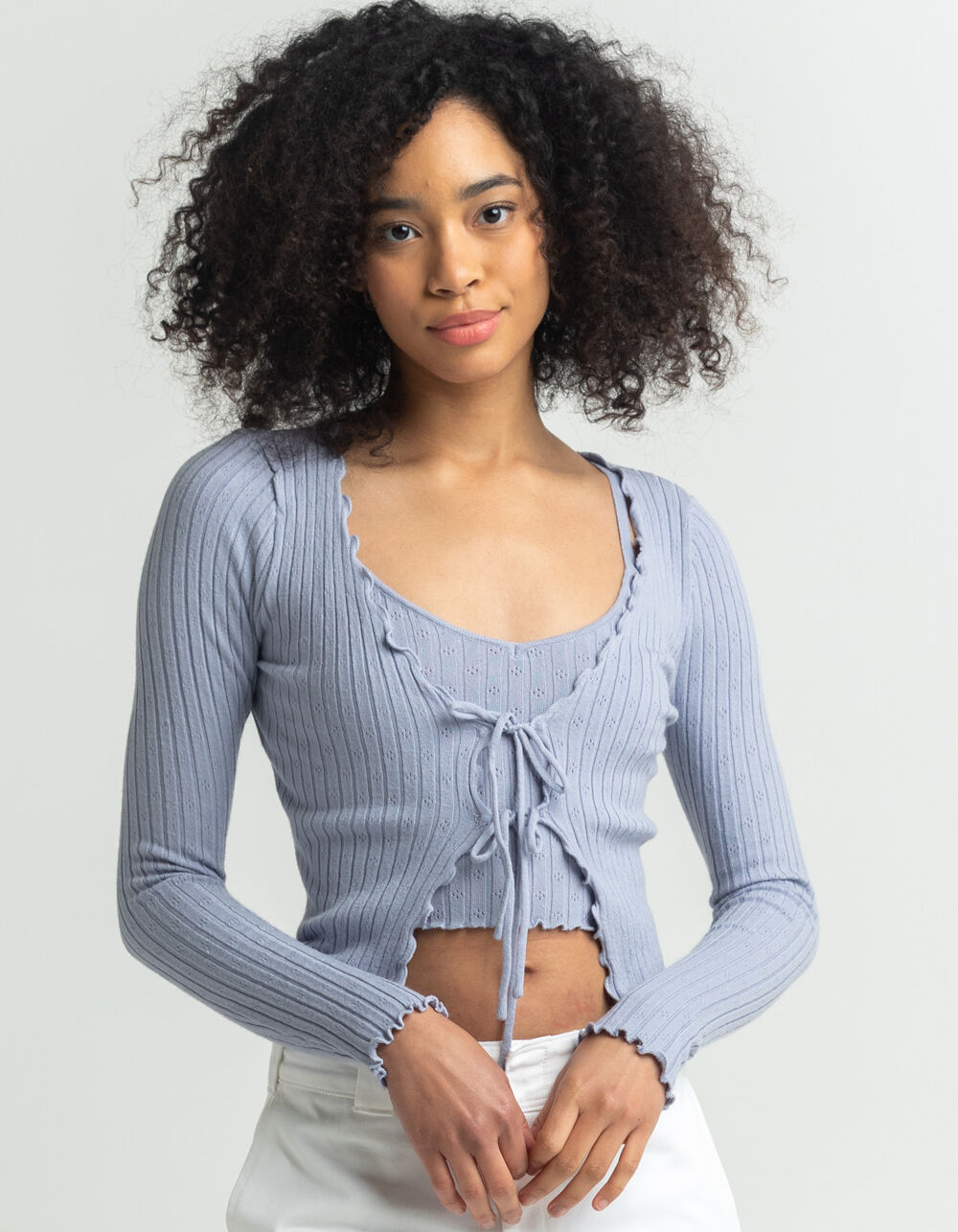 Full Tilt Double Tie Front Pointelle Cardigan - Light Blue - X-Large