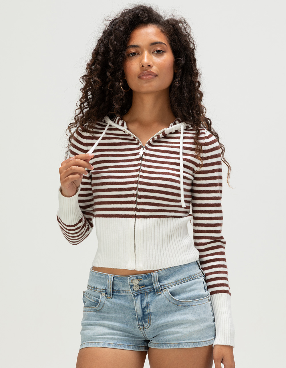 RSQ Womens Stripe Zip-Up Hooded Sweater - BROWN COMBO