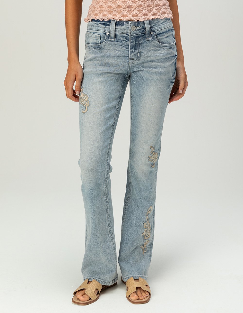 WEST OF MELROSE Low Rise Womens Floral Embroidered Bootcut Jeans - LIGHT WASH