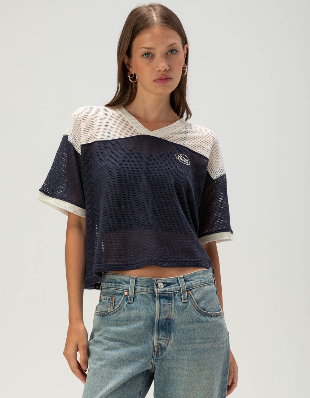 BRIXTON Varsity Womens Mesh Top - NAVY/WHITE