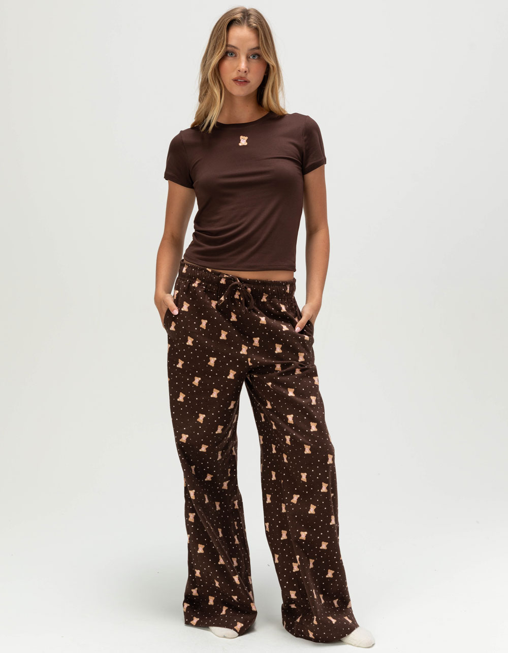 FULL TILT Embroidered Womens Baby Tee - BROWN