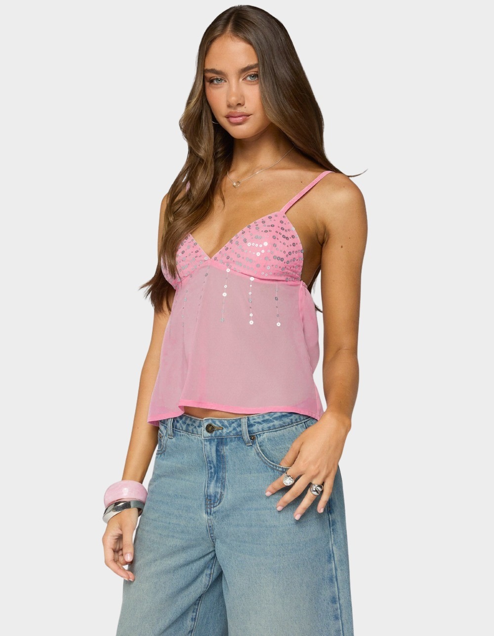 EDIKTED Klio Sequin Chiffon Babydoll Top - LIGHT PINK