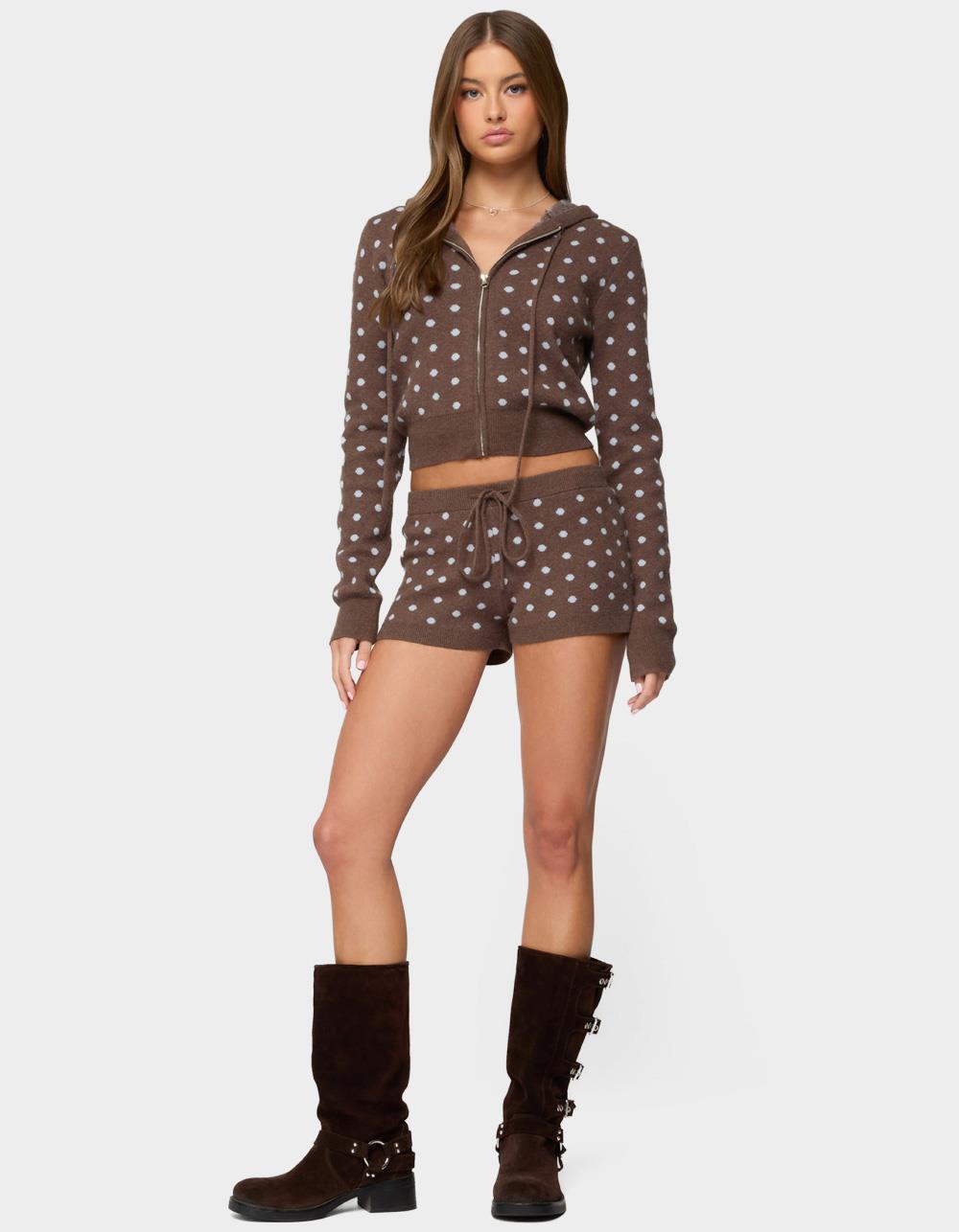EDIKTED Kenny Polka Dot Knit Zip Up Hooded Cardigan - BROWN