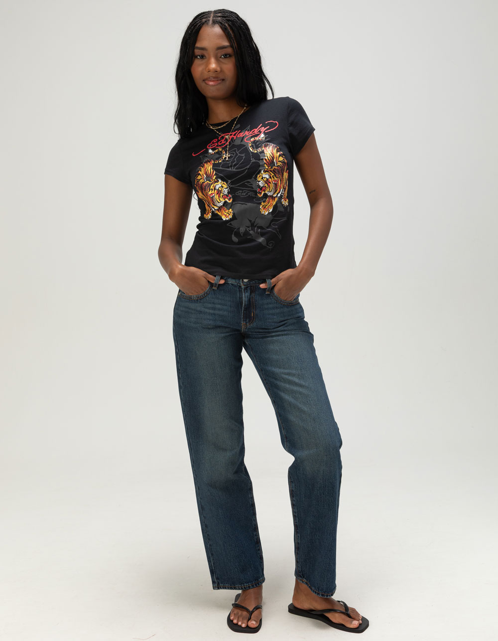 ED HARDY Tiger Womens Fitted Rhinestone Tee - BLACK