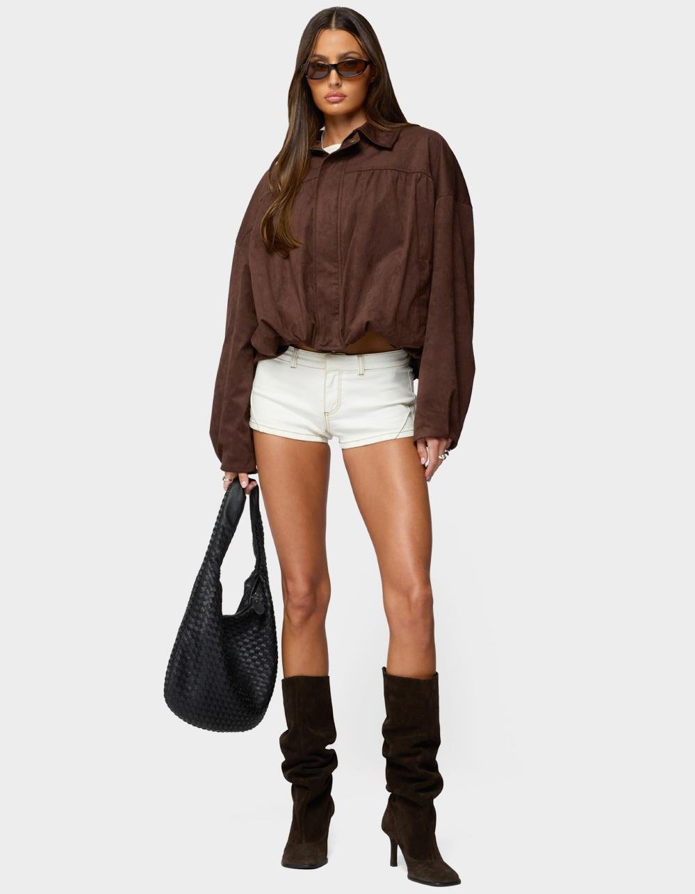 EDIKTED Alberta Faux Suede Bubble Jacket - DARK BROWN