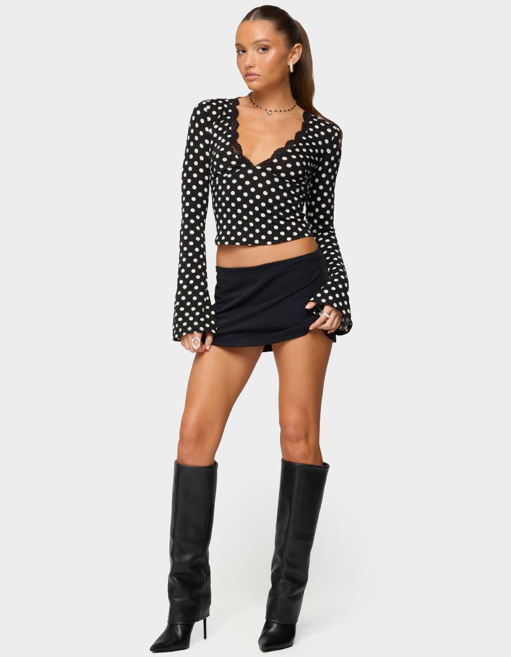 EDIKTED Polka Dot Lacey Plunge Neck Top - BLACK